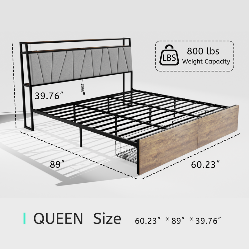 Upholstered Bed Frame with RGB Lights, 2 Drawers, Headboard, and Fast Charger, Queen/Full