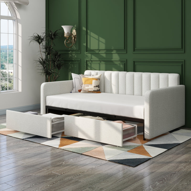 Upholstered Daybed with 2 Drawers, Luxury Modern Design Daybed, Ribbed Tufted Backrest, Ivory Fabric