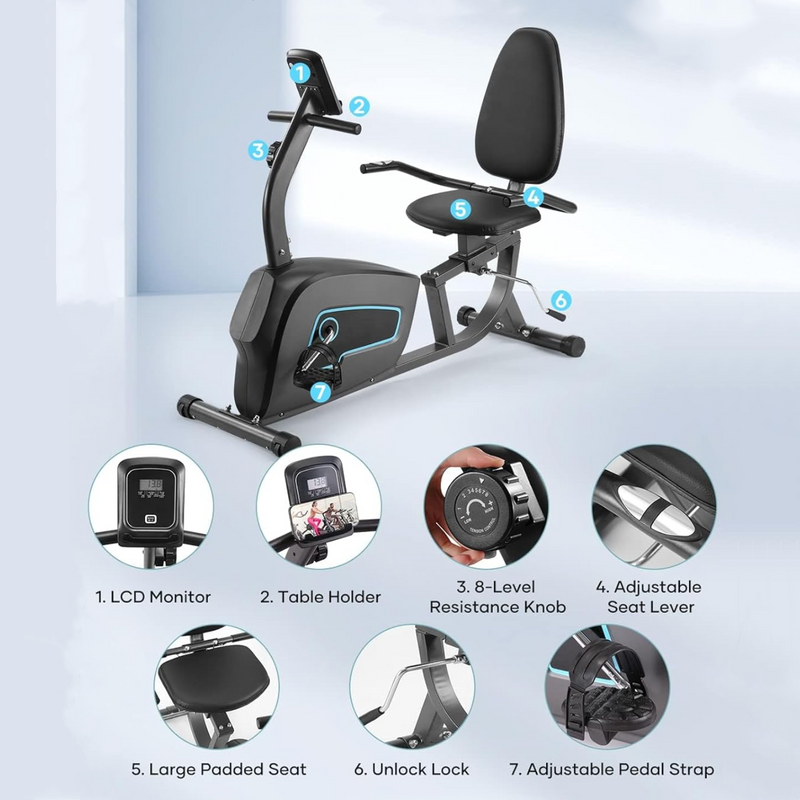 Recumbent Home Exercise Bike, 8 Speed Stationary Exercise Bike with Heart Rate Handlebar and iPad Holder for Seniors