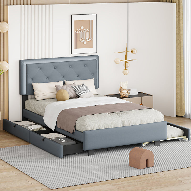 Velvet Bedframe Storage Platform Bed, with 2 Big Drawers, T Size Trundle and LED Light, Queen/Full