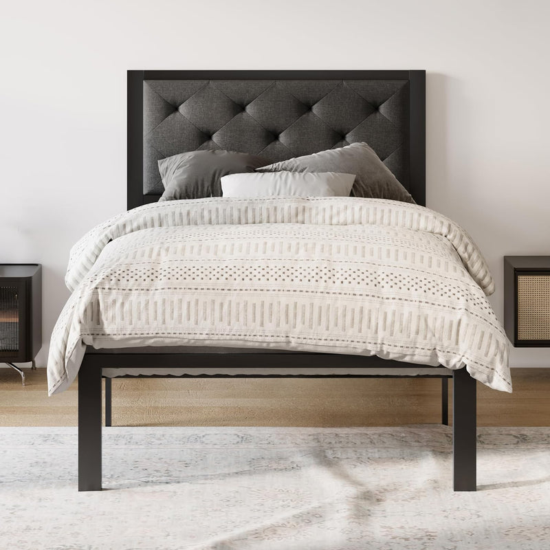 Twin Bed Frame with Upholstered Headboard, Chic Diamond Stitch Tufting Design, No Springs Required, Dark Gray