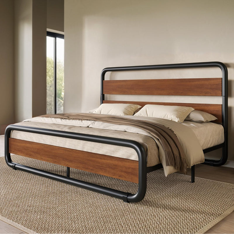 Metal Bed Frame with Wooden Headboard and Footboard, Heavy Duty Oval Platform Bed Frame with 10 Inches of Underbed Storage, No Springs Required