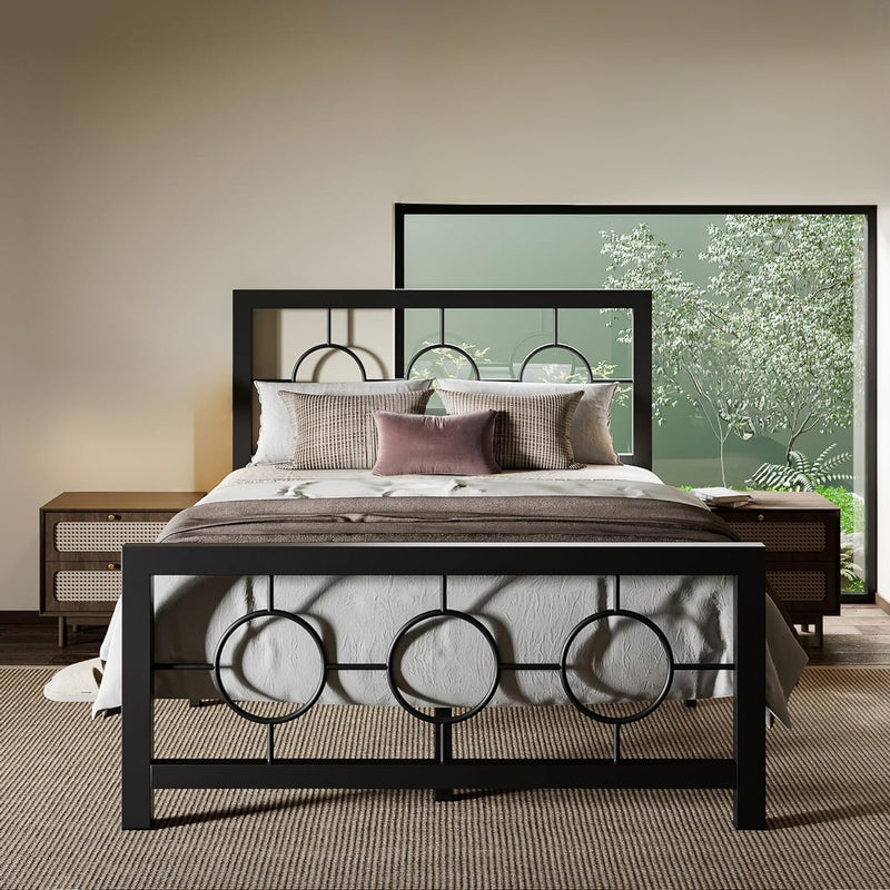 Twin Bed Frame with Metal Modern Vintage Style Headboard, No Springs Required