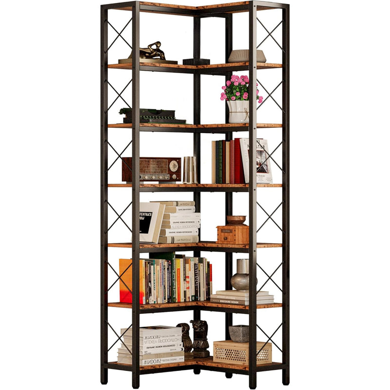 7-Tier Industrial Corner Bookshelf, Corner Shelf, Tall Storage Display Rack with Metal Frame, for Living Room, Home Office