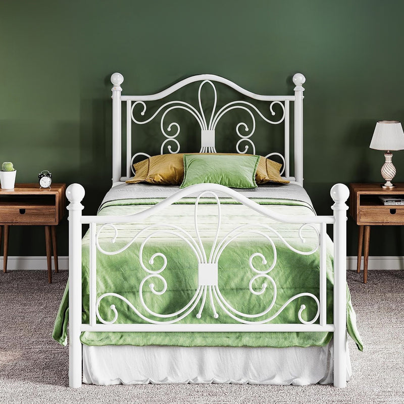 Twin Bed Frame with Butterfly Patterned Metal Headboard, No Springs Required