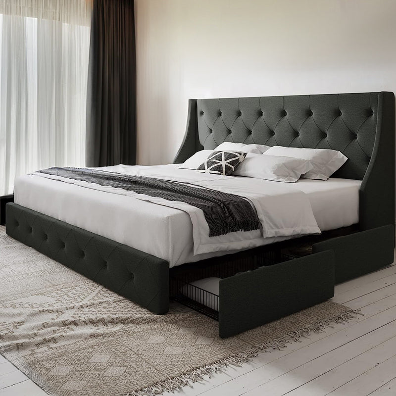 Bed Frame with 4 Storage Drawers and Wingback Headboard, Button Tufted Design, No Box Spring Needed