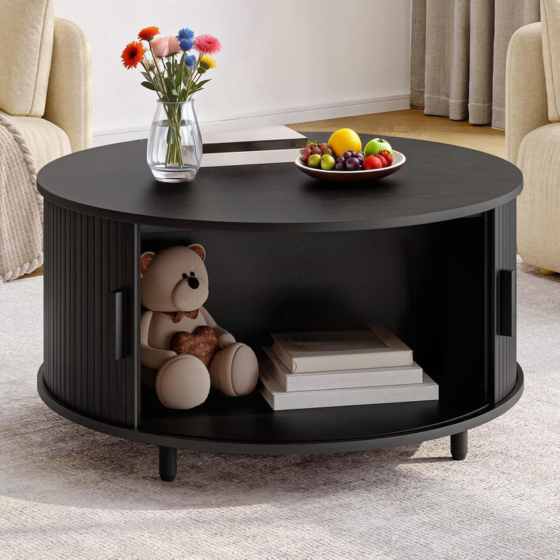 31.5" Round Storage Coffee Table, Fluted Wood Coffee Table with Adjustable Footpads and 360° Curved Sliding Door