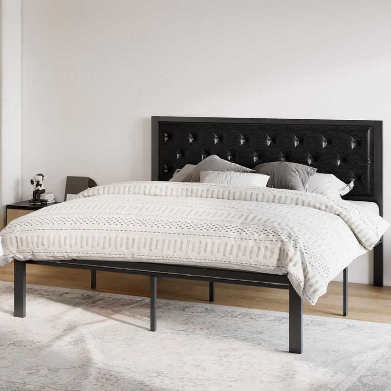 Faux Leather Upholstered Headboard Bed Frame with Chic Diamond Stitch Tufting Design, No Springs Required