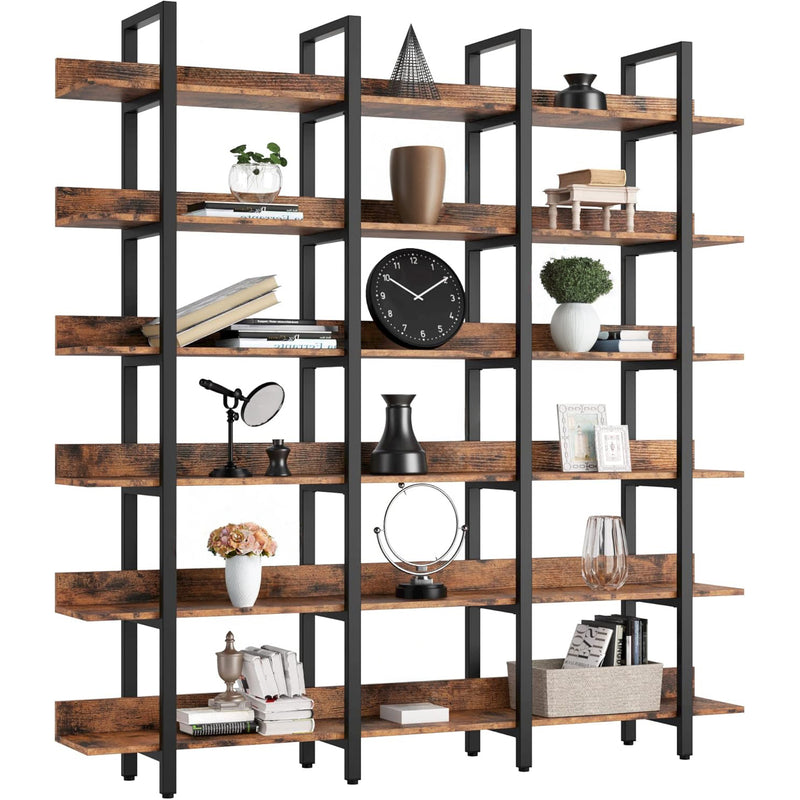 Open Bookshelf, Display shelf Triple Wide 6 Tiers Large Open Shelves,Bookcase and Bookshelves,  Etagere Bookcases with Back Fence