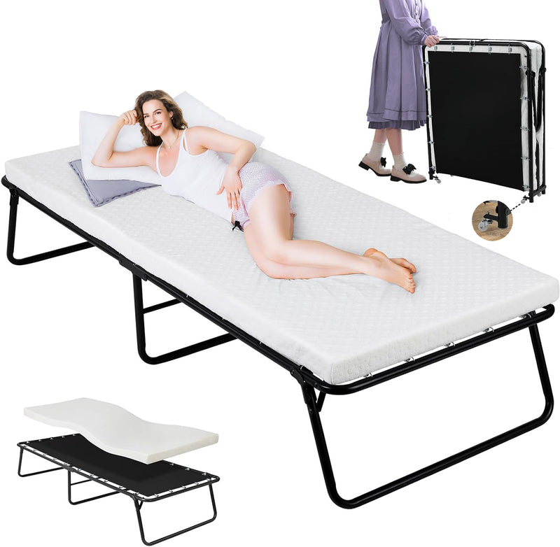 Adult Folding Portable Bed with Wheels, Metal Bed Frame with Memory Foam Mattress, No Assembly Needed