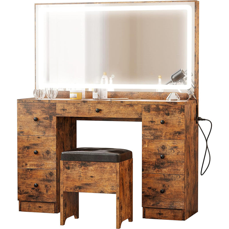 Makeup Vanity Dressing Desk Set with LED Lighted Mirror & Power Outlet, 7 Drawers