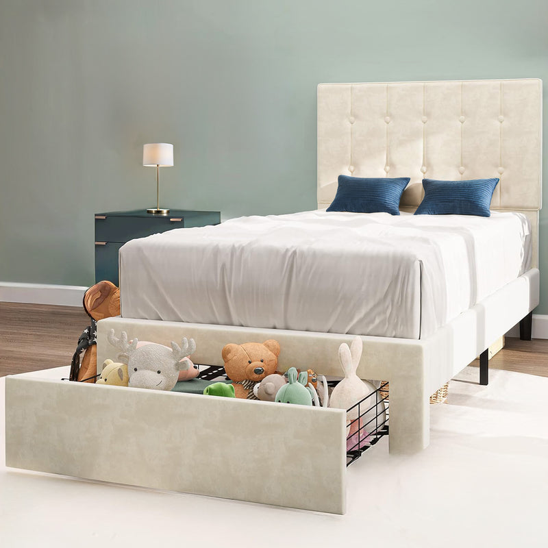 Twin Size Bed Frame Velvet Upholstered Platform Bed Frame with Under-Bed Drawer and Headboard, Beige