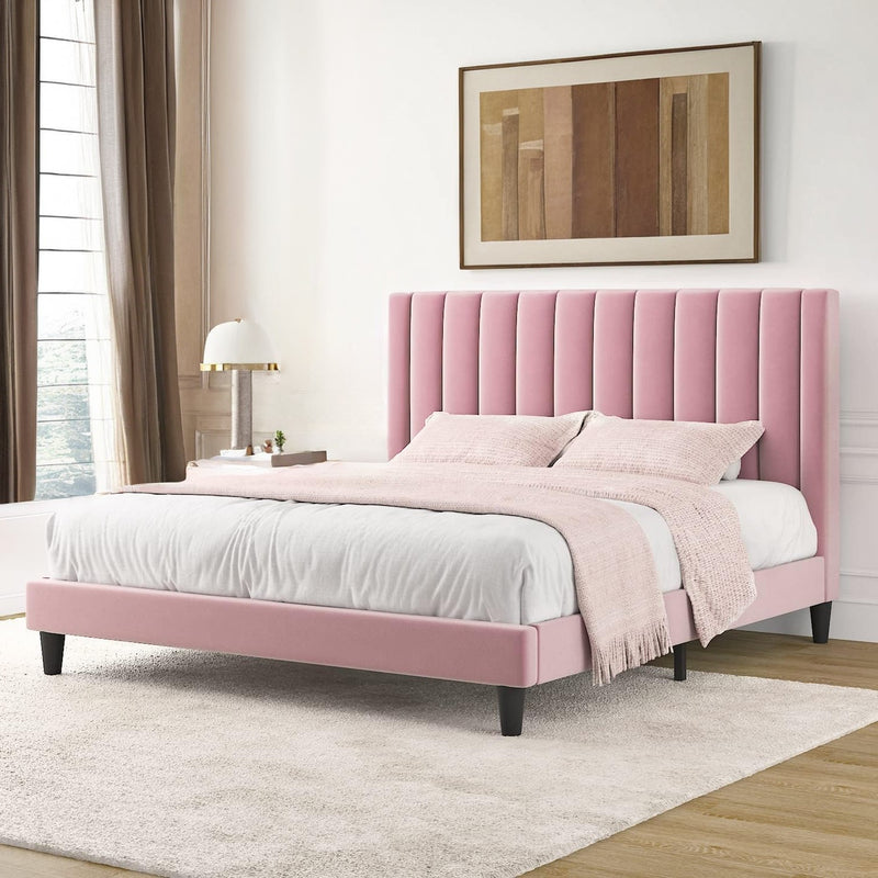 Velvet Upholstered Bed Frame with Tufted Headboard-Full/Queen/King Size