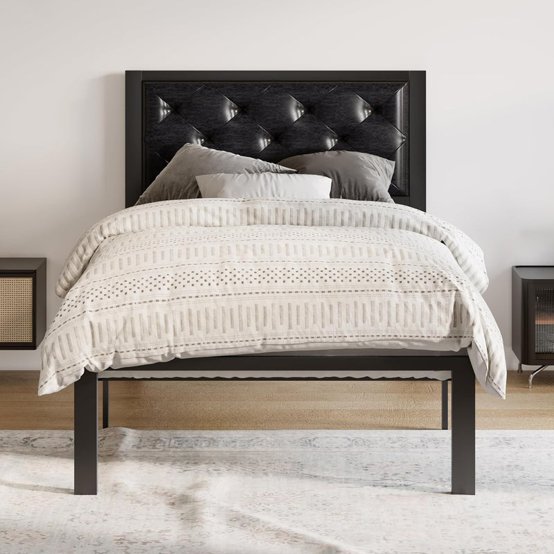 Twin Headboard Bed Frame with Faux Leather Upholstery, Chic Diamond Stitch Tufting Design, No Springs Required