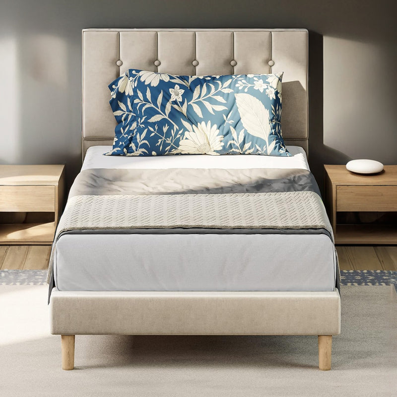 Twin Size Velvet Bed Frame,  Upholstered Platform Bed Frame with Headboard and Wooden Slats