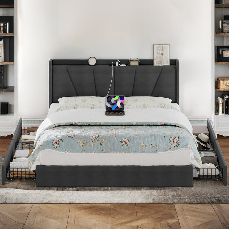 Platform Bed with Storage Drawers Upholstered Bed Frame with Outlets