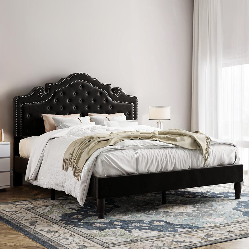 Upholstered Button Tufted Platform Bed with Adjustable Velvet Tiara Headboard No Springs Required, Black