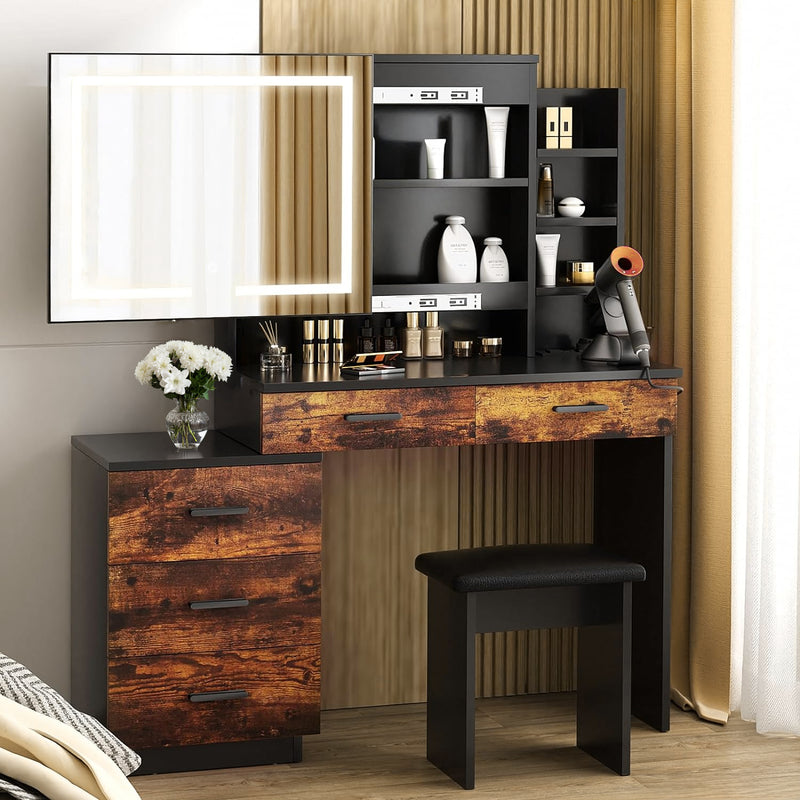 47" Large Dresser with Sliding Lighted Mirror with Electrical Outlet, 3 Color Lighting Patterns, Adjustable Brightness