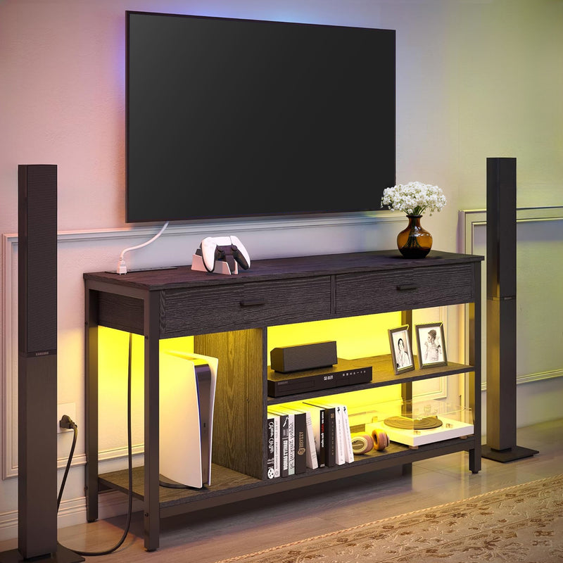 Industrial TV Stand LED Lights Power Outlet for 55 Inch TV, Entertainment Center with Media Storage Shelf and 2 Large Drawers