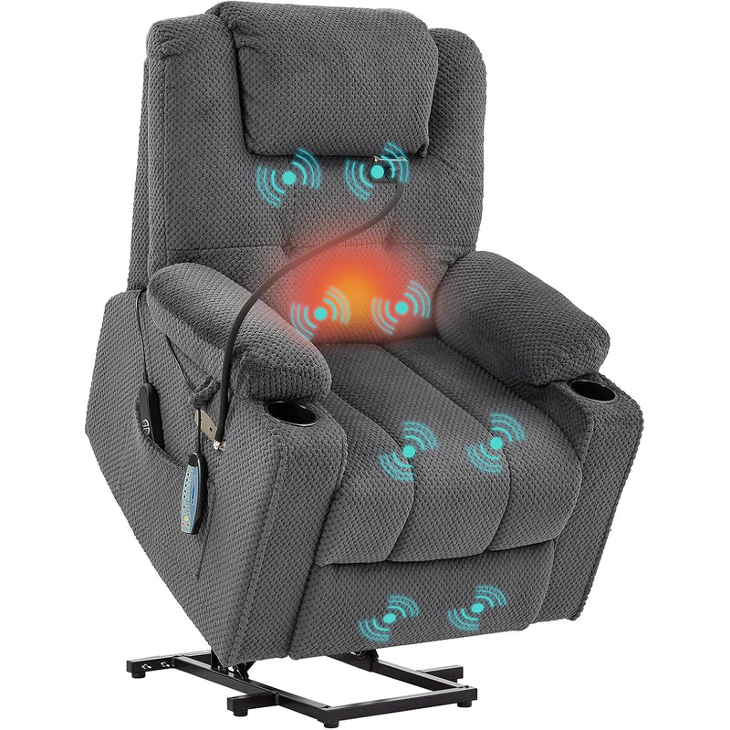 Power Recliner Chair with Massage and Heat Function, Velvet Fabric Electric Recliner with Extended Footrest, USB Port, Cup Holders