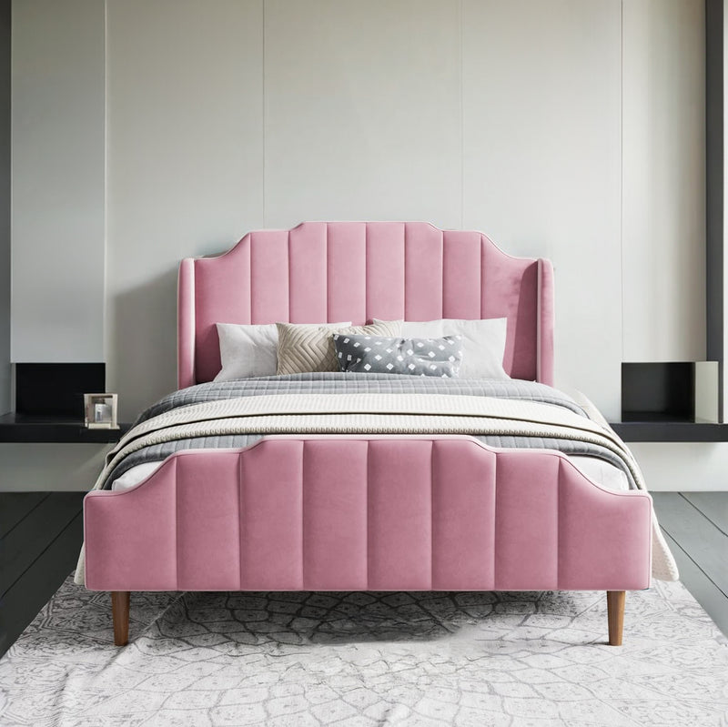 Velvet Upholstered Queen Size Bed Frame with Modern Arc Headboard, Strong Wood Slats