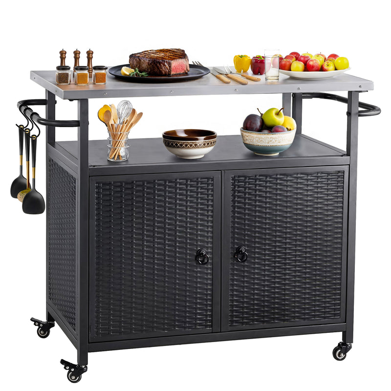 Outdoor Grill Cart with Storage Cabinet, Kitchen Island Cart with four casters and three shelves