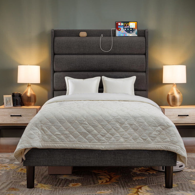 Twin Size Bed Frame With Storage Headboard and Outlets, Gray