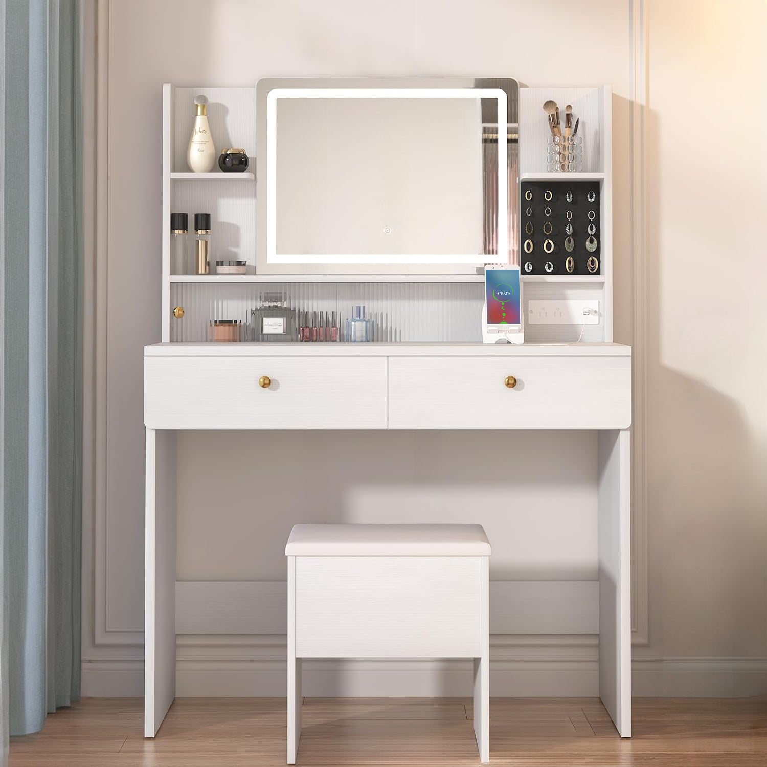 Vanity Desk Set with Large LED Mirror, Vanity Table with Storage Bench ...