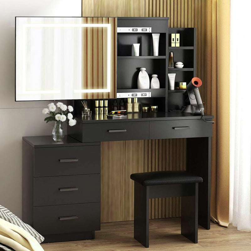 47" Large Dresser with Sliding Lighted Mirror with Electrical Outlet, 3 Color Lighting Patterns, Adjustable Brightness