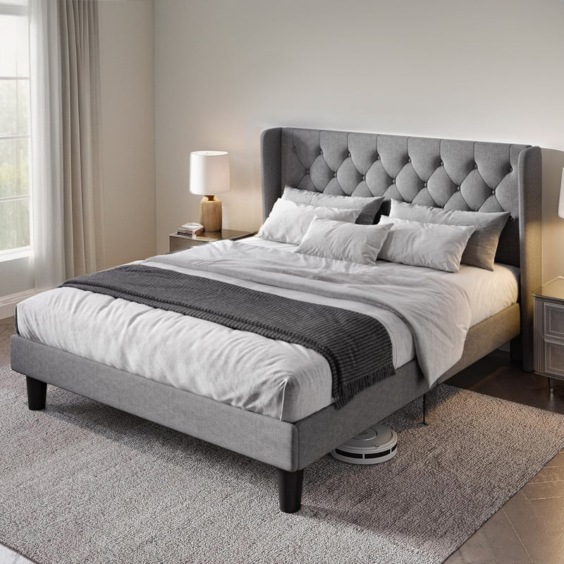 Upholstered Platform Bed with Button Tufted Wingback Headboard, Wooden Slats Support, No Box Spring Needed, Noise Free