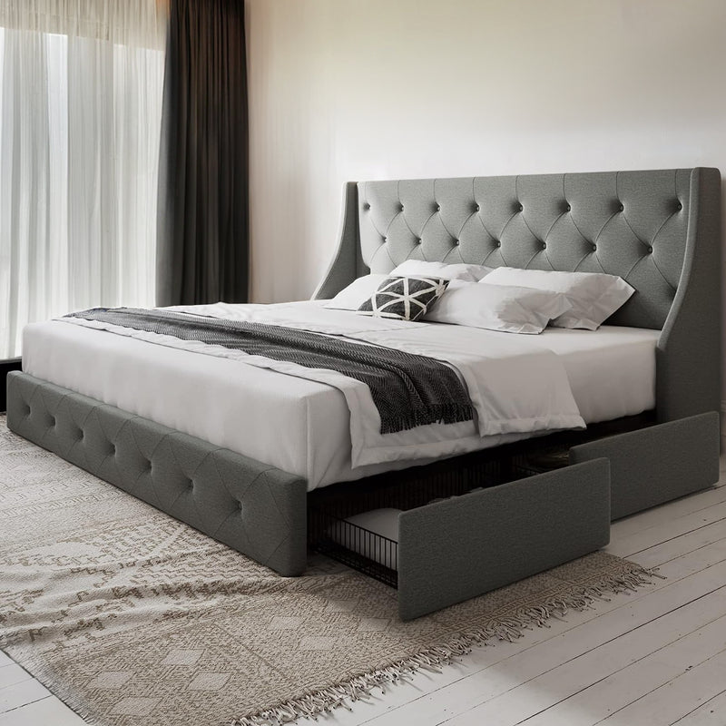 Bed Frame with 4 Storage Drawers and Wingback Headboard, Button Tufted Design, No Box Spring Needed