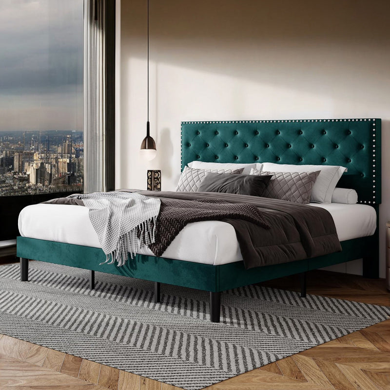Velvet Upholstered Bed Frame with Adjustable Button Tufted Headboard, Slats Support, No Box Spring Needed