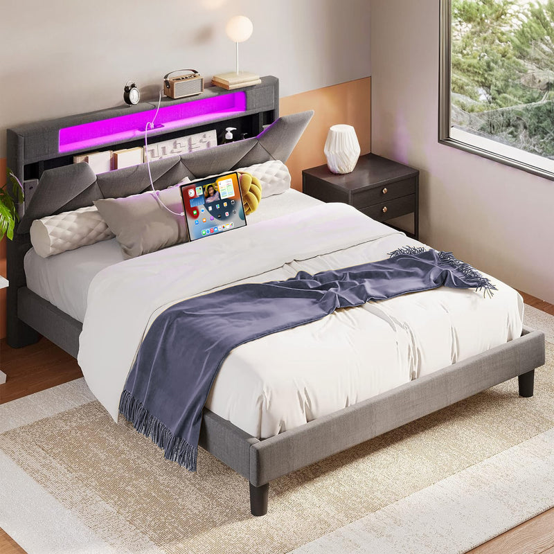 Bed Frame with Storage Headboard and Charging Cradle with Led Lights