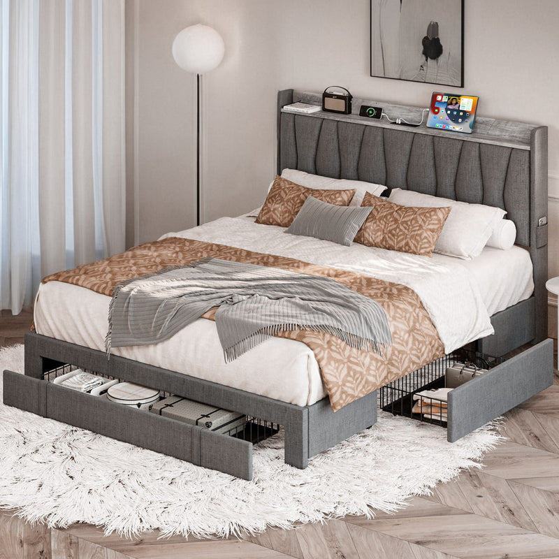 Bed Frame with 3 Drawers, Upholstered Platform Bed with Storage Headboard and Charging Cradle, No Box Spring Needed