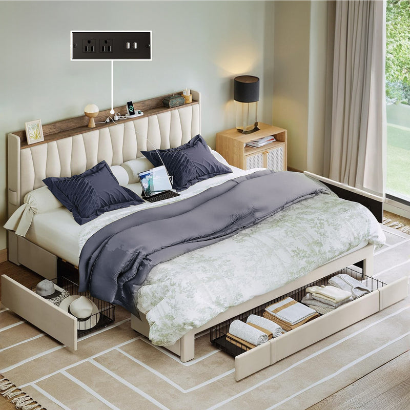 Bed Frame with 3 Drawers, Upholstered Platform Bed with Storage Headboard and Charging Cradle, No Box Spring Needed