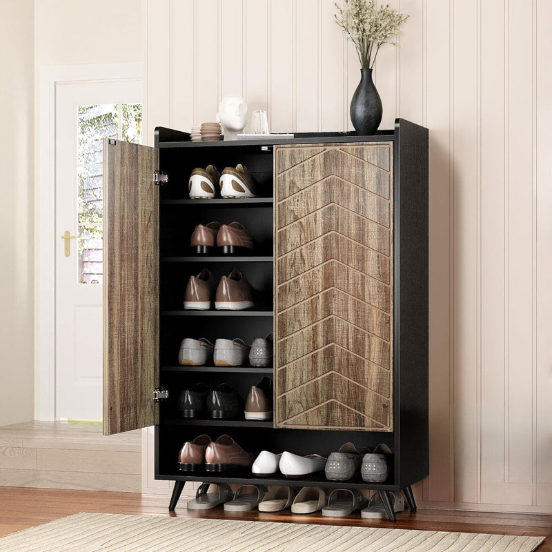 Freestanding Shoe Cabinet with Adjustable Shelves, 6-Shelf Shoe Cabinet with Doors Bottom Storage Cubby, Black and Brown