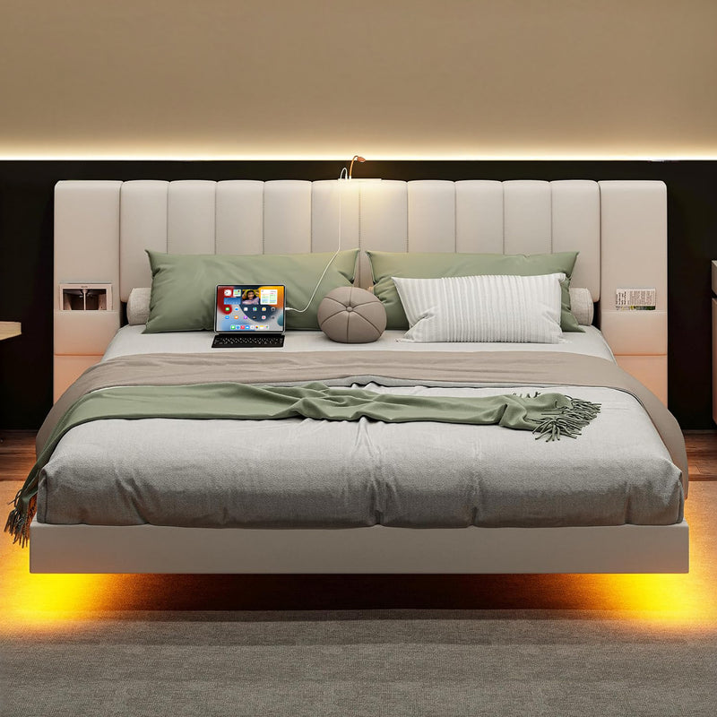 Floating Bed Frame with Headboard, Led Light Strip, No Box Spring Required