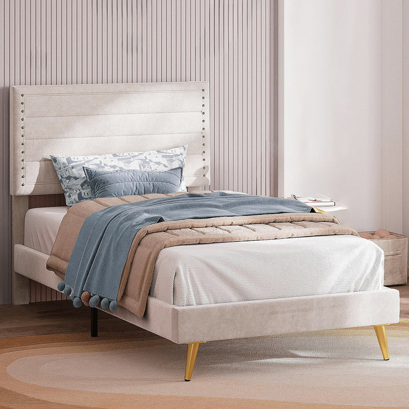 Twin Size Bed Frame with Upholstered Headboard and Wooden Slats Support, Beige