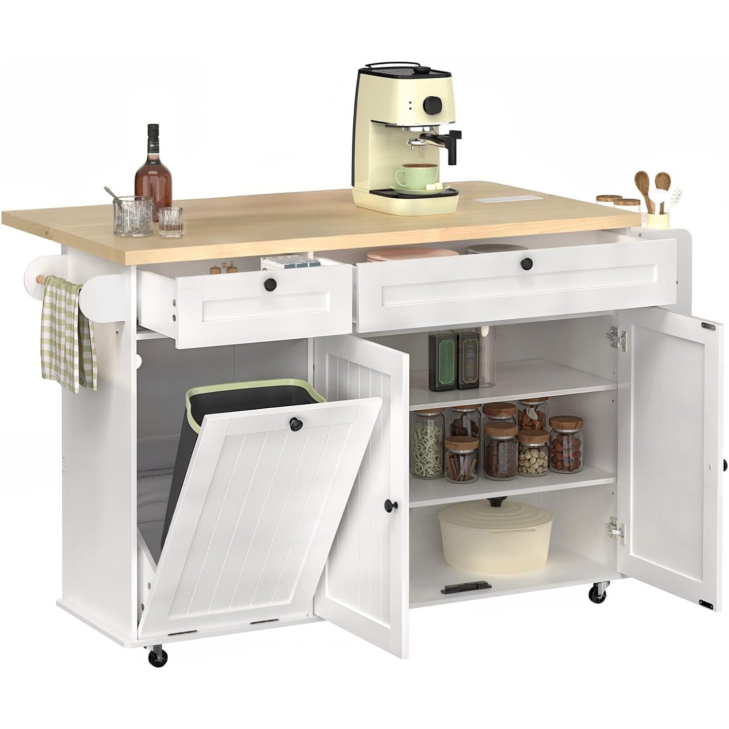 Kitchen Island Cart with Trash Can Storage, Kitchen Storage Cabinet on ...