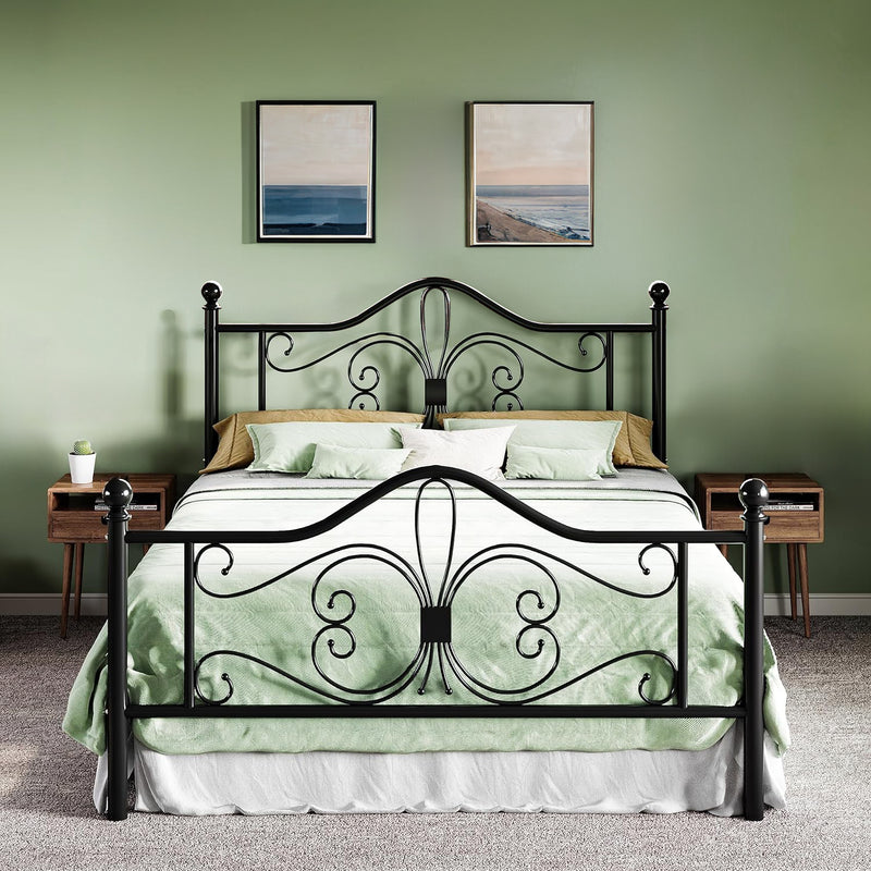 Metal Bed Frame with Butterfly-Patterned Headboard, No Springs Required