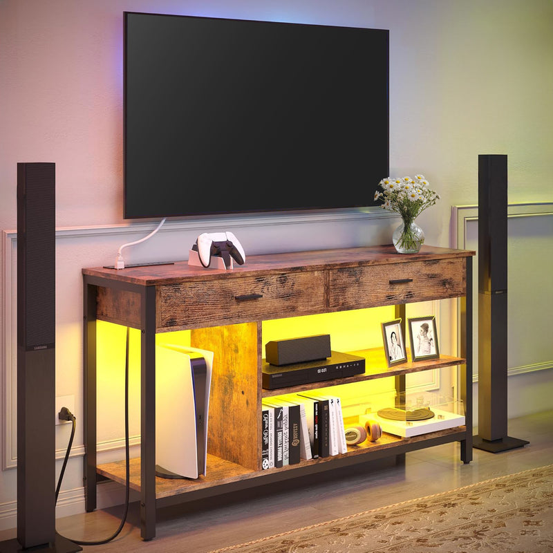 Industrial TV Stand LED Lights Power Outlet for 55 Inch TV, Entertainment Center with Media Storage Shelf and 2 Large Drawers