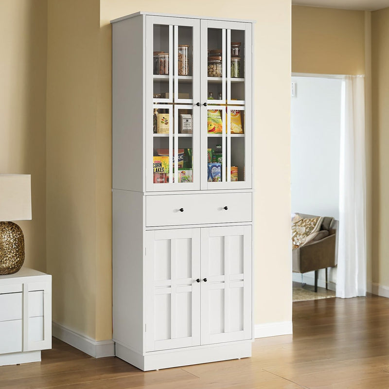 Tall Kitchen Storage Cabinet, Freestanding Storage Cabinet with 4 Doors and Large Drawer, Modern Food Storage Cabinet with 3 Adjustable Shelves