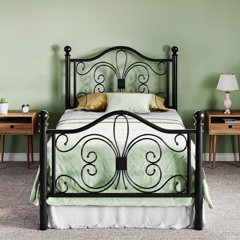 Twin Bed Frame with Butterfly Patterned Metal Headboard, No Springs Required