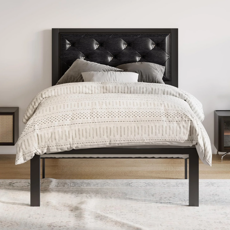 Faux Leather Upholstered Headboard Bed Frame with Chic Diamond Stitch Tufting Design, No Springs Required