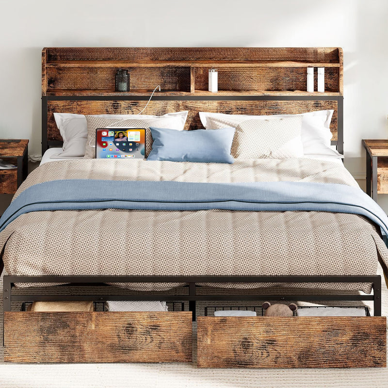 Bed Frame with Bookcase Headboard and Drawer and Charging Station, Vintage Brown