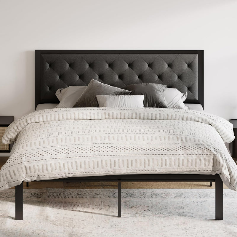 Upholstered Headboard Bed Frame, Chic Diamond Seam Tufting Design, No Springs Required, Dark Gray