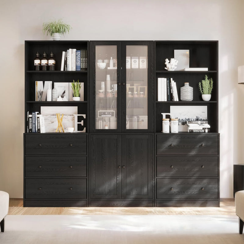 Combination Bookcase 3-Piece Set, 2pcs 71-inch Bookcase with Drawers Shelves, 5-layer Storage Cabinet with Glass Doors