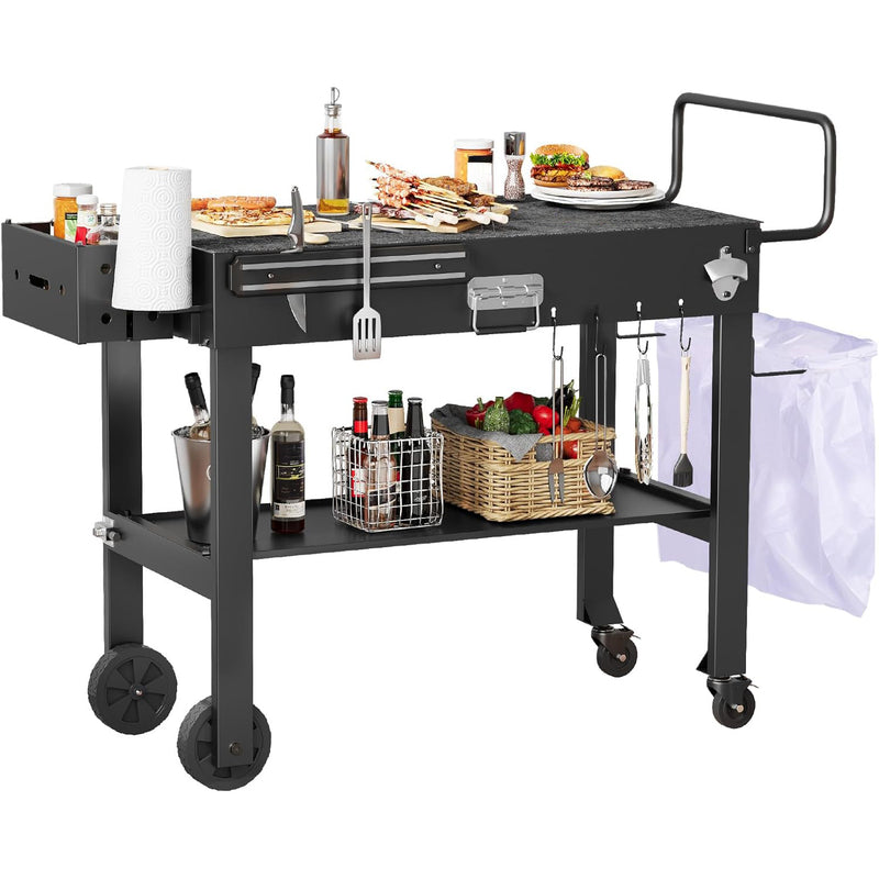 Foldable Grill Cart with Locking Wheels, Portable Outdoor Grill Table with Large Workspace for Pizza Oven, Griddle and BBQ Grill