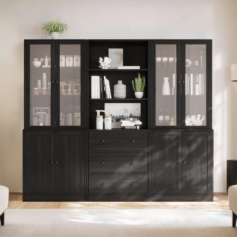 Combination Bookcase 3-Piece Set, 71-inch Bookcase with Drawer Shelves, 2pcs 5-layer Storage Cabinet with Glass Doors