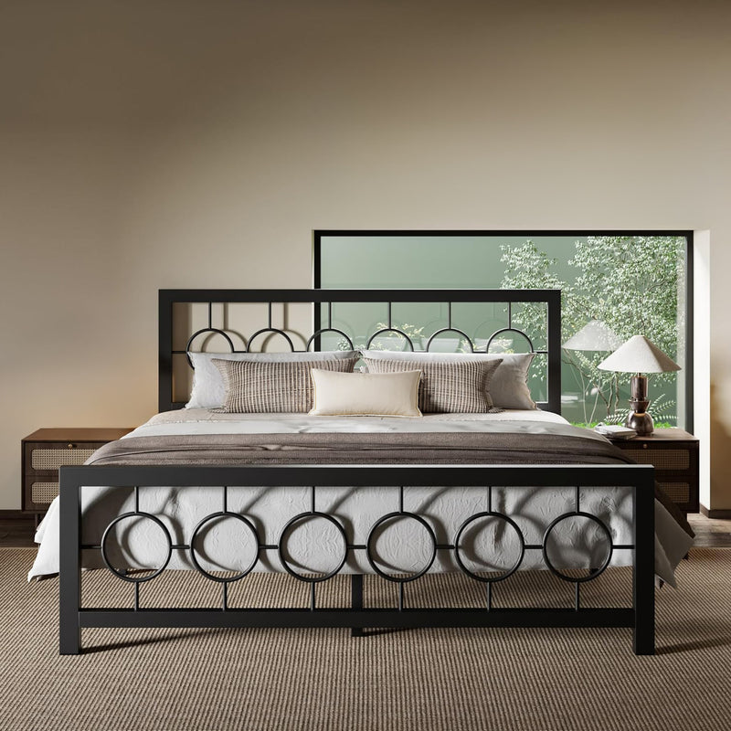 Modern Vintage Style Headboard Metal Bed Frame, No Springs Required